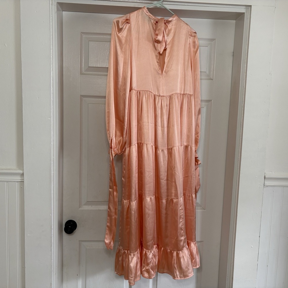 asos Satin Tiered Maxi Dress Sz 2 Coral Pink Salmon Flowy Oversized Silky Pastel - Picture 5 of 14